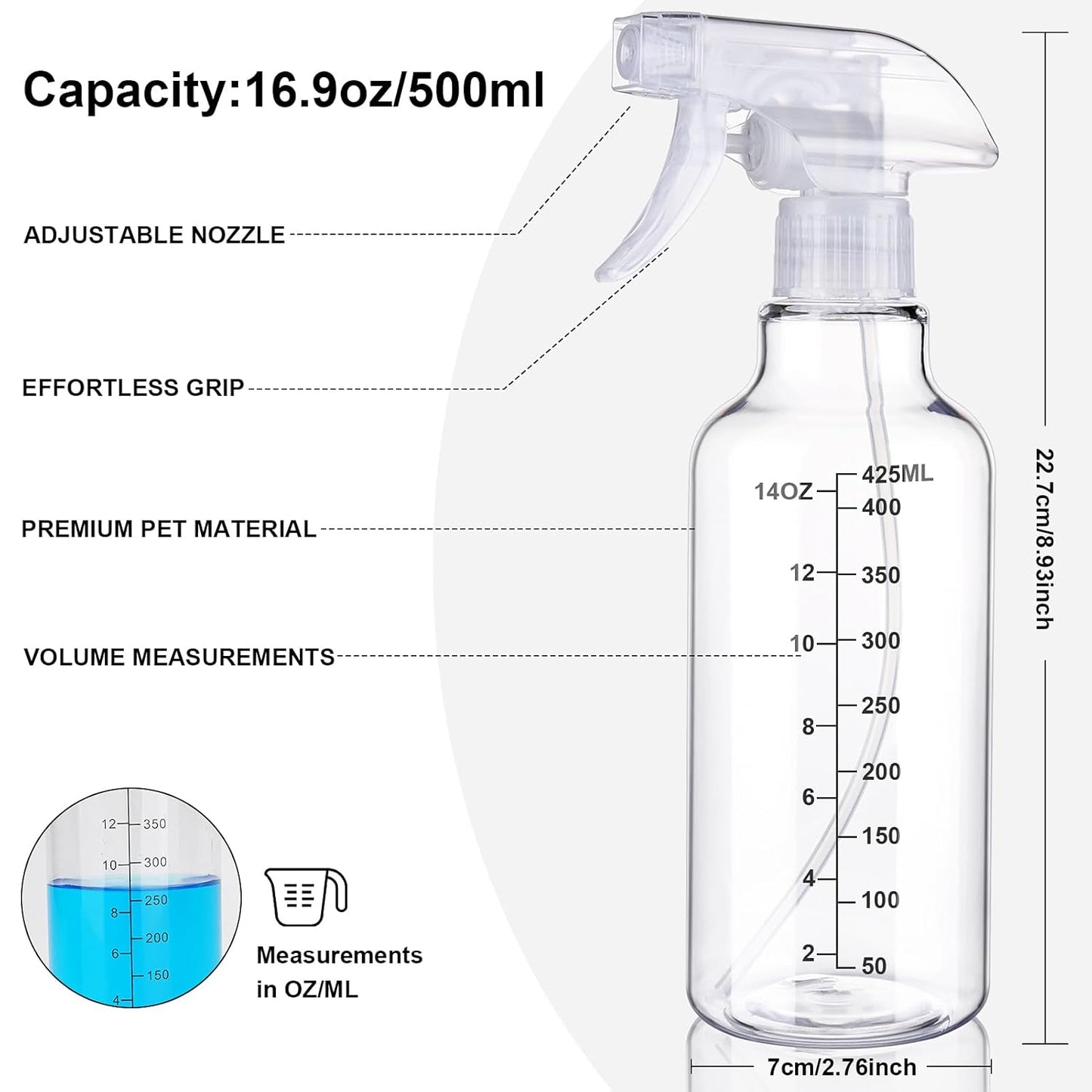 Plastic Spray Bottles Empty Spray Bottle 16.9oz/500ml 2 Pack Heavy Duty Spraying Bottles Mist/Stream Water Bottle for Cleaning Solutions, Essential Oils, Hair (Clear)