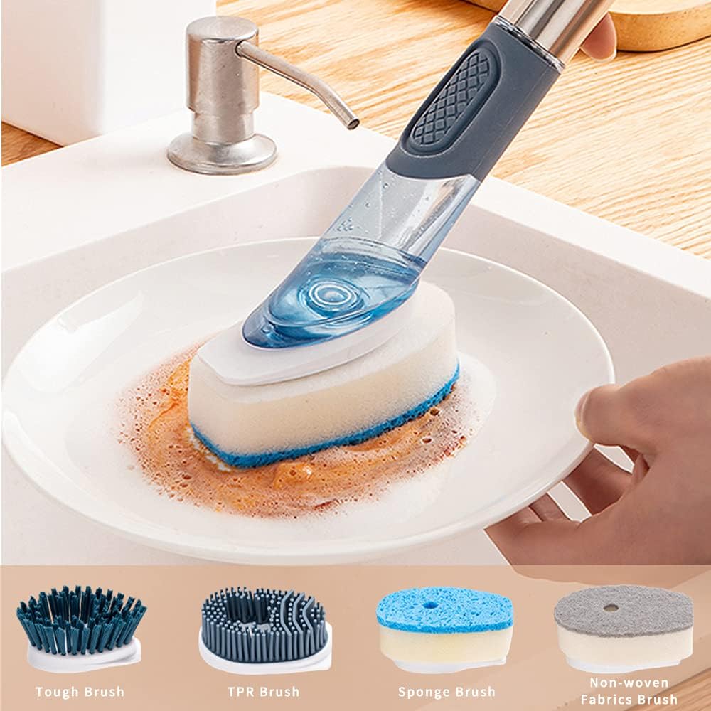 4-in-1 Dish Cleaning Brush Soap Dispensing Dish Brush Set with 4 Replacement Heads and Storage Holder, Kitchen Scrub Brush for Dish Pot Pan Sink Cleaning (Grey)