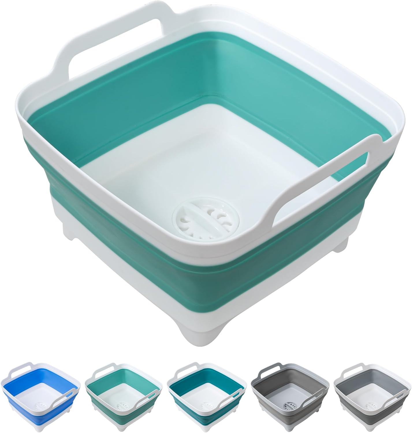 2 Pack Dishpan for Washing Dishes, 2.4Gal/9L Wash Basin with Draining Plug Carry Handles, Collapsible Bucket for Cleaning, Portable Sink, Foldable Plastic Tub