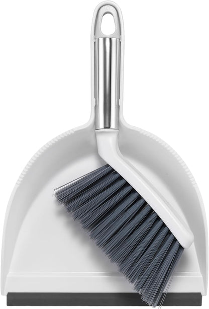 NACENA Mini Broom and Dustpan Set, Small Dust Pan and Brush Set with Handle Dustpan Teeth for Cleaning Hair Suitable for Office Desks Drawers Sofas Outdoor Camping, Light & Purple