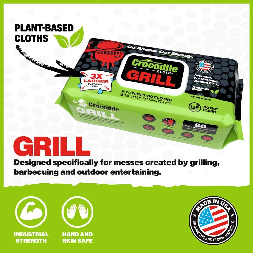 Crocodile Cloth Grill Wipes, 640 Count (8 Packs) – Extra-Large 15” x 10” Plant-Based Cleaning Cloths, Safe on Skin & Surfaces, Pre-Moistened with Aloe & Vitamin E