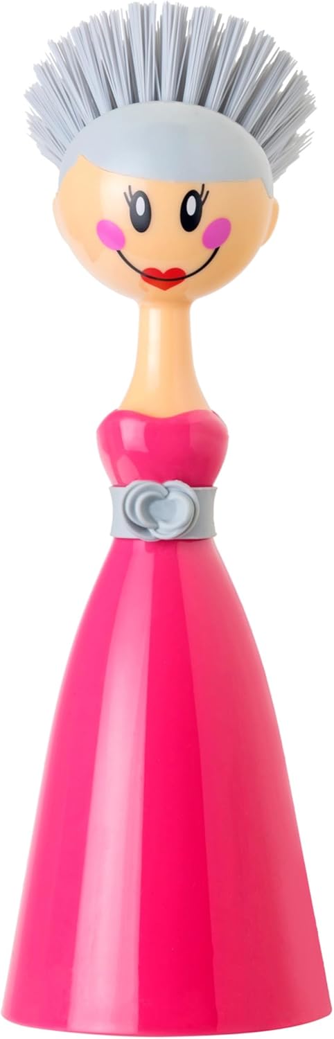 Vigar Dolls Dish Brush with Ergonomic Handle and Dres-shaped Storage Holder - Scrub Brush for Pans, Pots, Kitchen Sink Cleaning, Blue/Pink