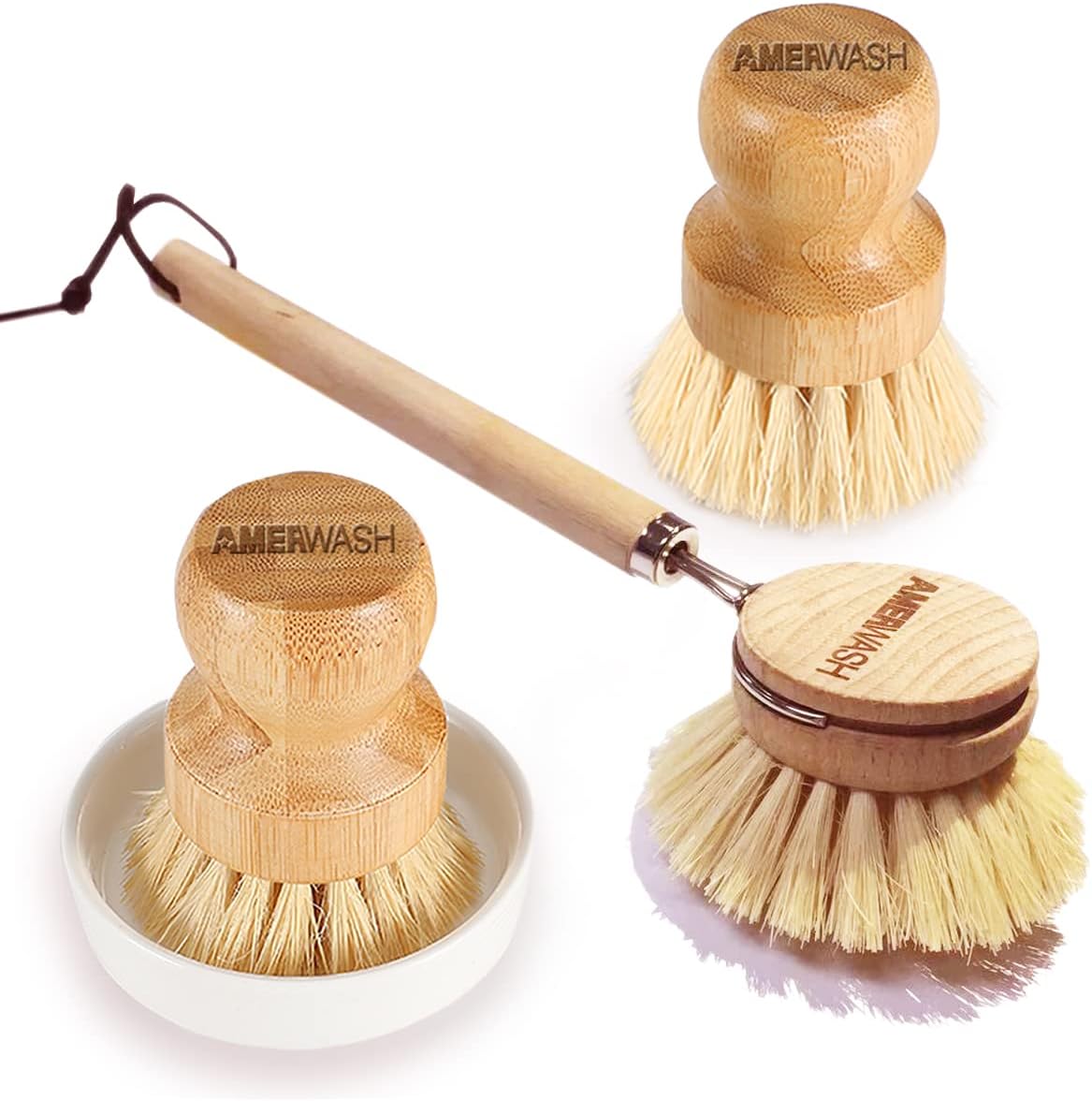 AMERWASH PLUS Dish Brush with Wooden Handle, Natural Kitchen Brush for Dishes Vegetable, Pots and Pans, Tampico Fiber Bristles Scrubber, Extra 3 Pack Replacement Head Included