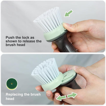 CQT Dish Brush with Soap Dispenser – One-Press Suds, Built-in Scrubbing Pad, Non-Slip Handle for Pots, Pans & Non-Stick Cookware – Includes 2 Refill Heads