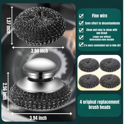 Steel Wool Scrubber with Handle: 7Pcs Stainless Steel Scrubber Brush Set – 1 Long Brushes,1 Short Brushes,4 Replaceable Pads,1 Screwdriver for Home Cooks,BBQ Enthusiasts,Anti-Scratch,for Kitchen