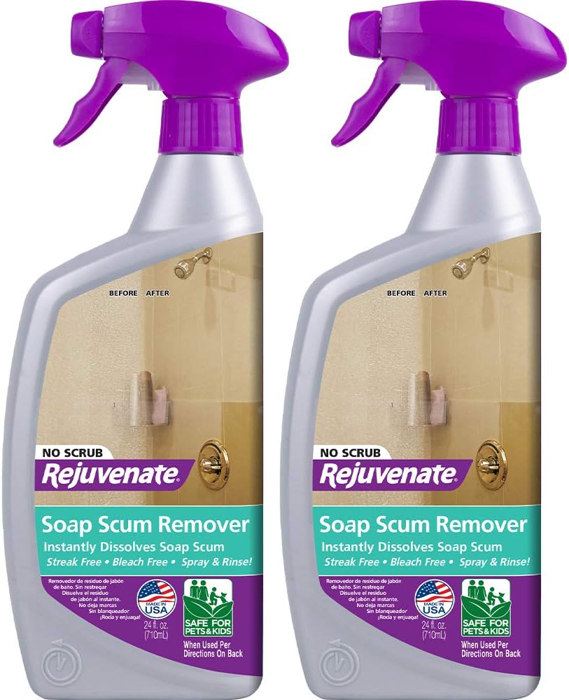 Rejuvenate Scrub Free Soap Scum Remover Cleaning Formula & Scrub Free Soap Scum Remover Shower Glass Door Cleaner Works on Ceramic Tile, Chrome, Plastic and More (2 Bottles x 24oz)