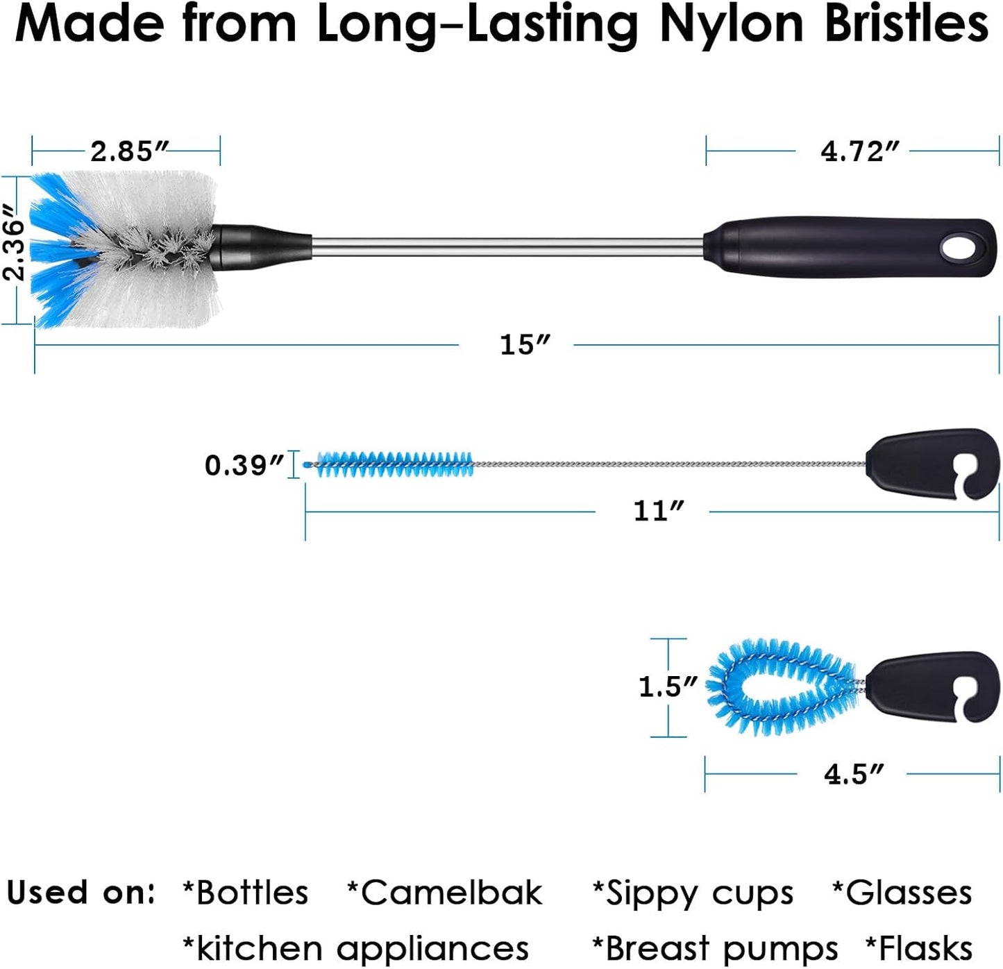 MOSOLAN 3-in-1 Stainless Steel Bottle Brush and Straw Cleaning Set, Long Handle Scrub Brush with Replaceable Head for Water Bottles, Glasswares, Mugs, Flasks, Tumblers, Vases, Round Head
