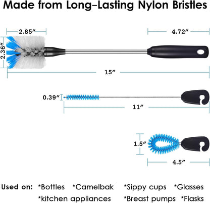 MOSOLAN 3-in-1 Stainless Steel Bottle Brush and Straw Cleaning Set, Long Handle Scrub Brush with Replaceable Head for Water Bottles, Glasswares, Mugs, Flasks, Tumblers, Vases, Round Head