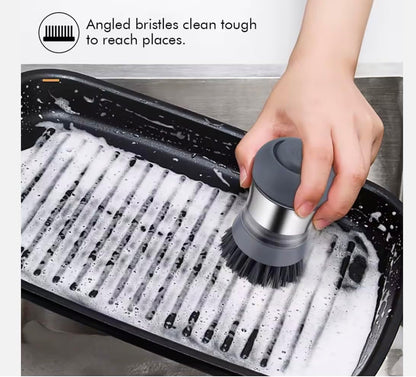 Soap Dispensing Dish Brush with Refillable Handle – Heavy Duty Palm Scrubber for Kitchen Sink, Pots, Pans & Dishes – Replaceable Brush Head – No Leak Design (Dark Gray)