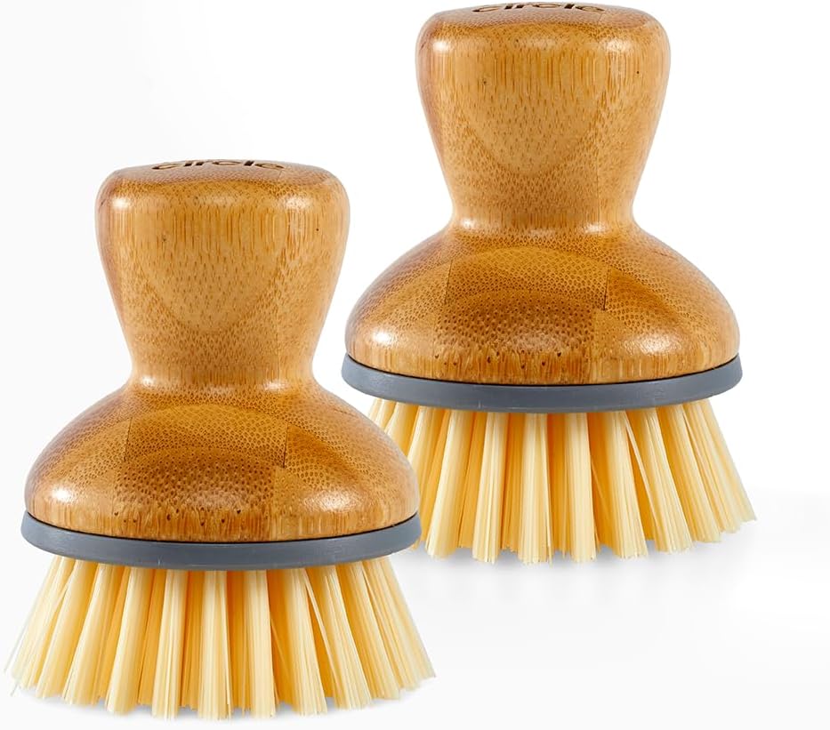 Full Circle Bubble Up Bamboo Dish Brush & Ceramic Soap Dispenser – Family Safe, Formaldehyde-Free – Kitchen Scrub Brush for Dishes, Nonstick & Cast Iron, Gray