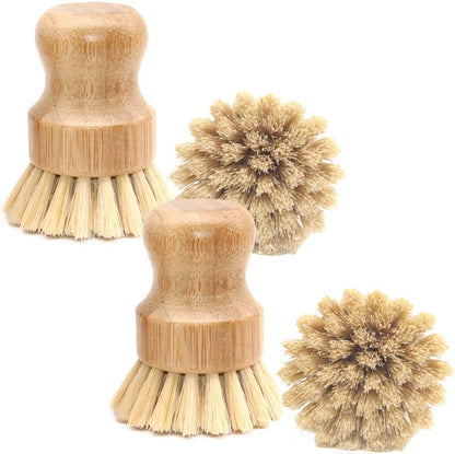 5 Pack Natural Bamboo Cleaning Brush Set, Pot Dish Scrub Brush with Handle and Flannel Bag Kitchen Brushes for Cast Iron Pots, Pans, Vegetable and Kitchen Cleaning