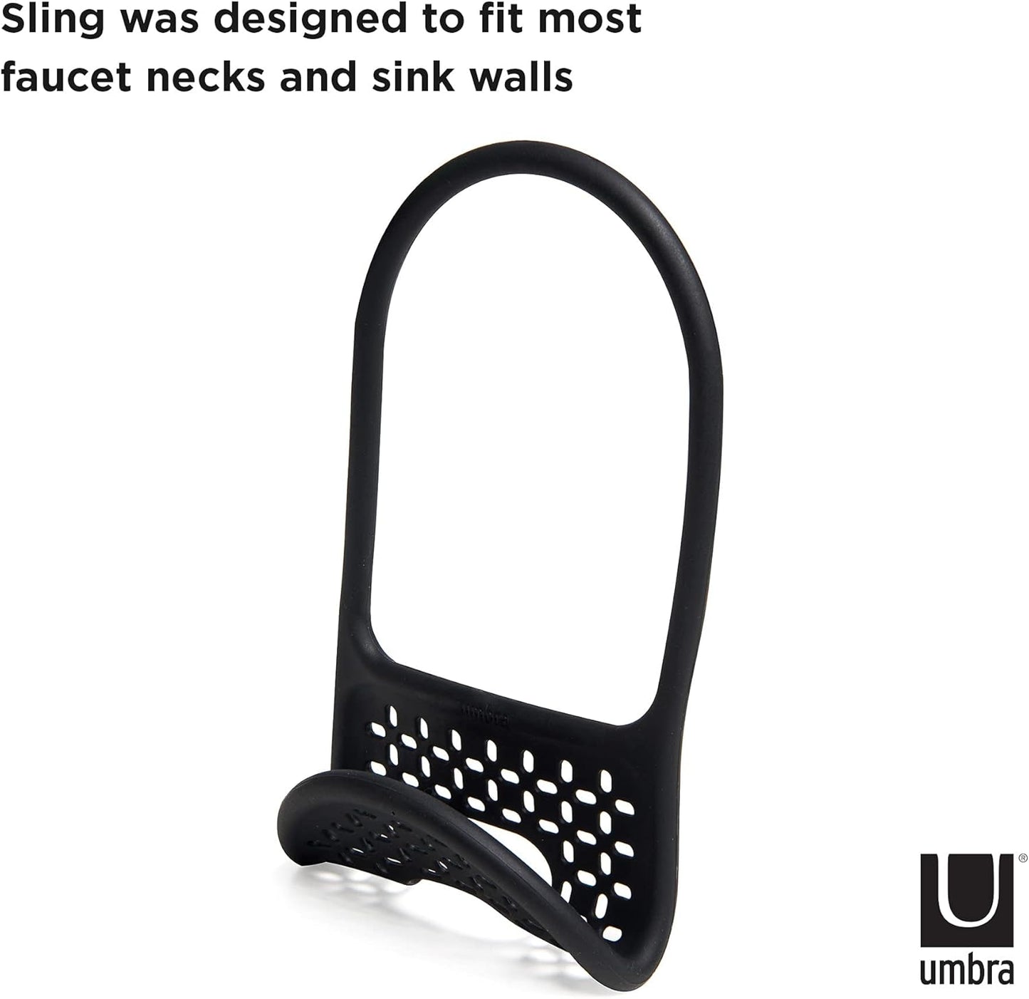 Umbra Sling Sponge Holder for Kitchen Sink – No Suction Cups, Flexible Caddy for Sinks and Faucets, Modern Design, Black