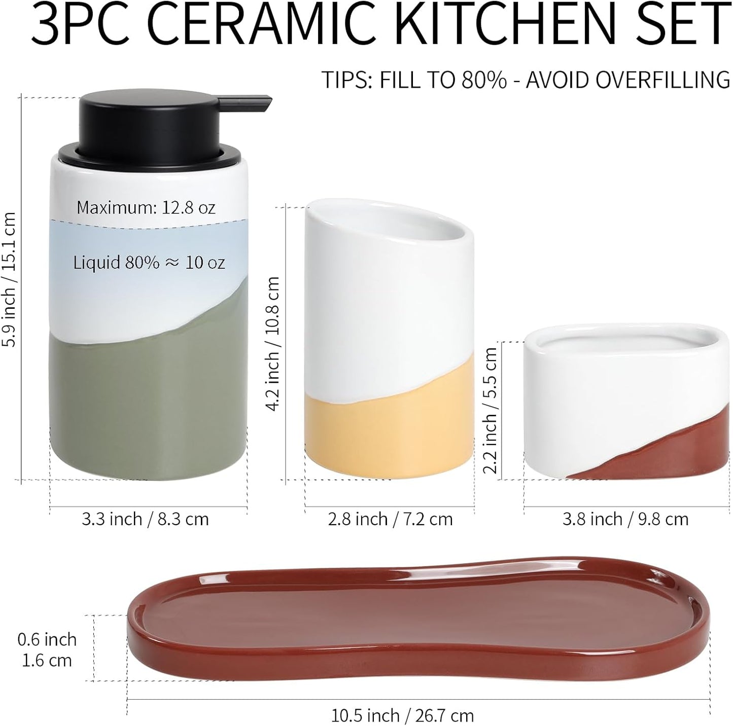 BosilunLife Kitchen Sink Caddy Set – 4-Piece Ceramic Soap Dispenser 12oz with Sponge & Utensil Holders on Drip Tray for Kitchen & Bathroom Countertop Organization (Liquid Pump)