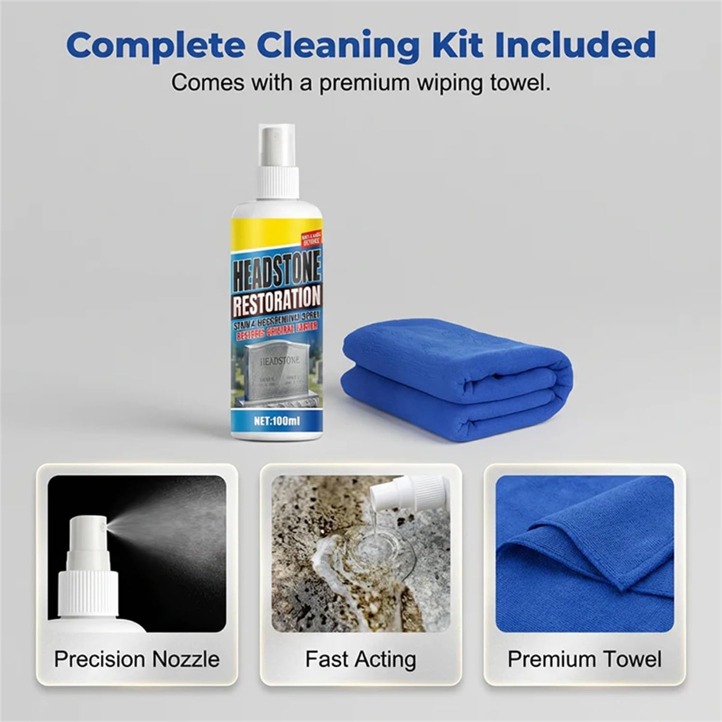 Headstone Restoration and Cleaning Spray - Tombstone Monument Cleaner for Granite Marble Cemetery Memorials - Gentle Stone Care Formula 100ml/3.4oz (2PCS+2*Towel)