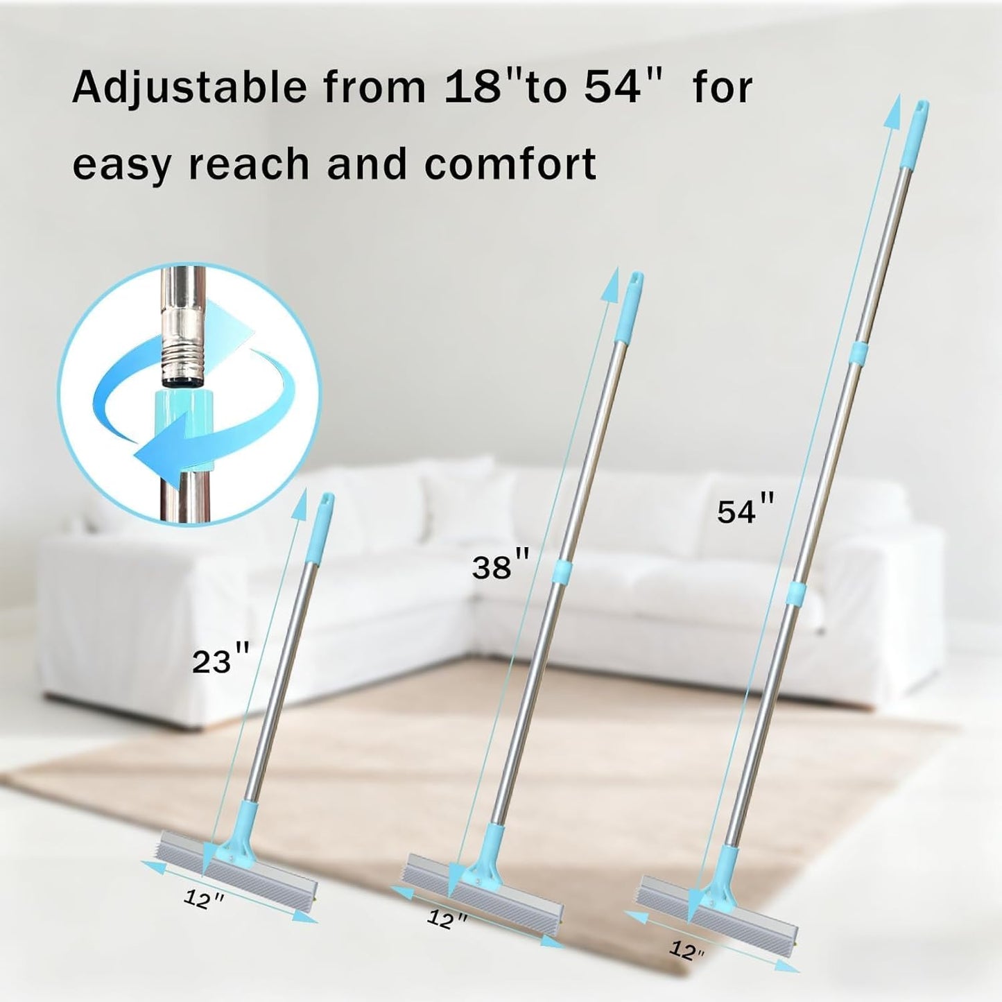 Lazyfeel Pet Hair Remover, Adjustable 18-54”Carpet Rake, Rubber Broom for Deep Clean, Dual-Sided Fur Remover Broom for Pet Hair, Furniture, Rugs, Stairs, Car, and More