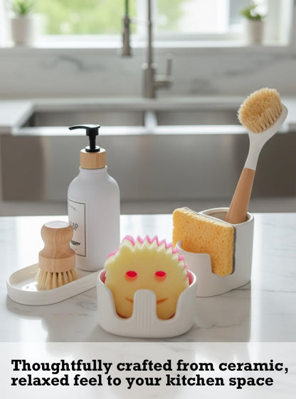 Ceramic Double Sponge Holder with Soap Tray, 2-Slot Countertop Sink Organizer, Modern White Kitchen Sponge & Dish Soap Holder, Rust-Free, Easy to Clean, Decorative Sink Caddy Set