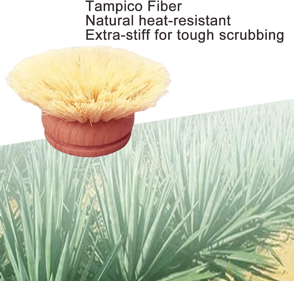 AMERWASH PLUS Dish Brush with Wooden Handle, Natural Kitchen Brush for Dishes Vegetable, Pots and Pans, Tampico Fiber Bristles Scrubber, Extra 3 Pack Replacement Head Included