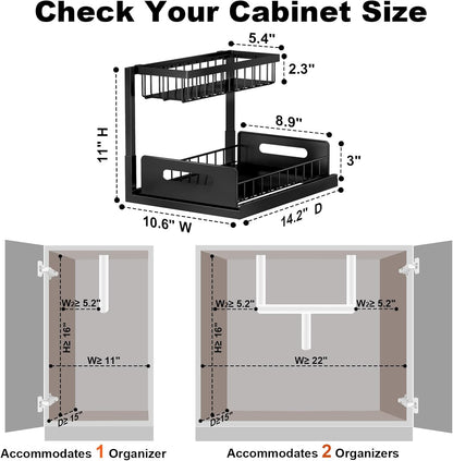 REALINN Under Sink Organizer, L-Shaped 2 Tier Pull Out Cabinet Organizer for Kitchen and Bathroom, Slide Out Under Cabinet Storage, Metal Under Sink Storage with Sliding Drawer, 50 lbs, Black 2 Pack
