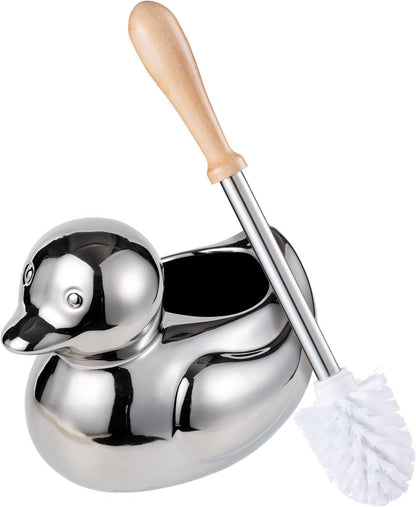 Duck Toilet Brush and Holder Set - Ceramic Bathroom Toilet Scrubber Brush Organizer with Wooden & Stainless SteelHandle, Gold Toilet Brush & Cute Duck Design for Bath Decor Storage