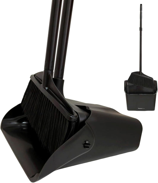 Broom and Dustpan Set with Long Handle and Wheels, Upright Standing Heavy Duty Large Dust Pan and Broom Combo for Indoor Outdoor, Kitchen, Garage, Restaurant Cleaning – Black