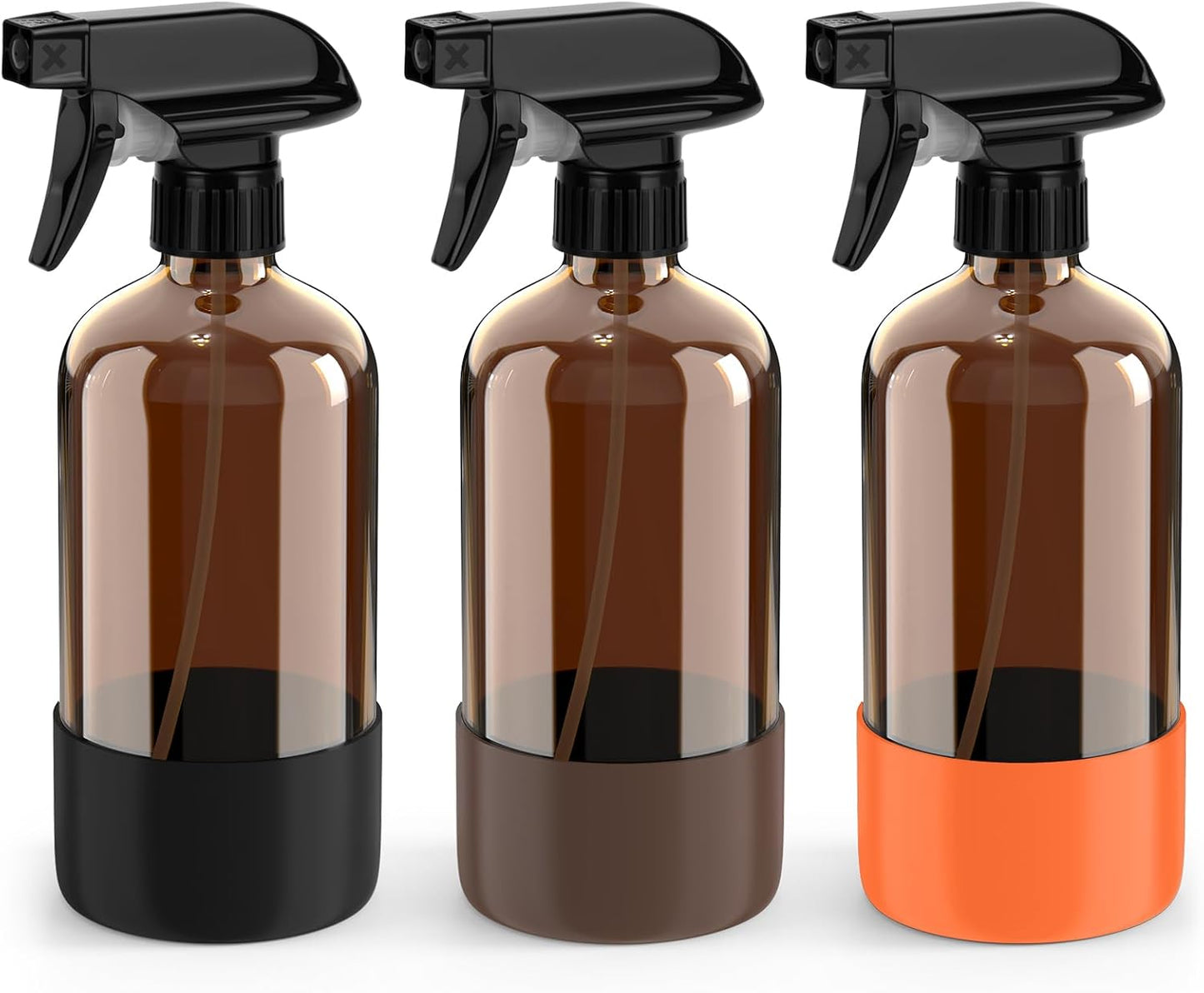Bontip Amber Glass Spray Bottle with Silicone Sleeve Protection, 16 oz Refillable Spray Bottles for Cleaning Solutions, Plants, Aromatherapy, Facial Hydration (1, Black, 16 oz)