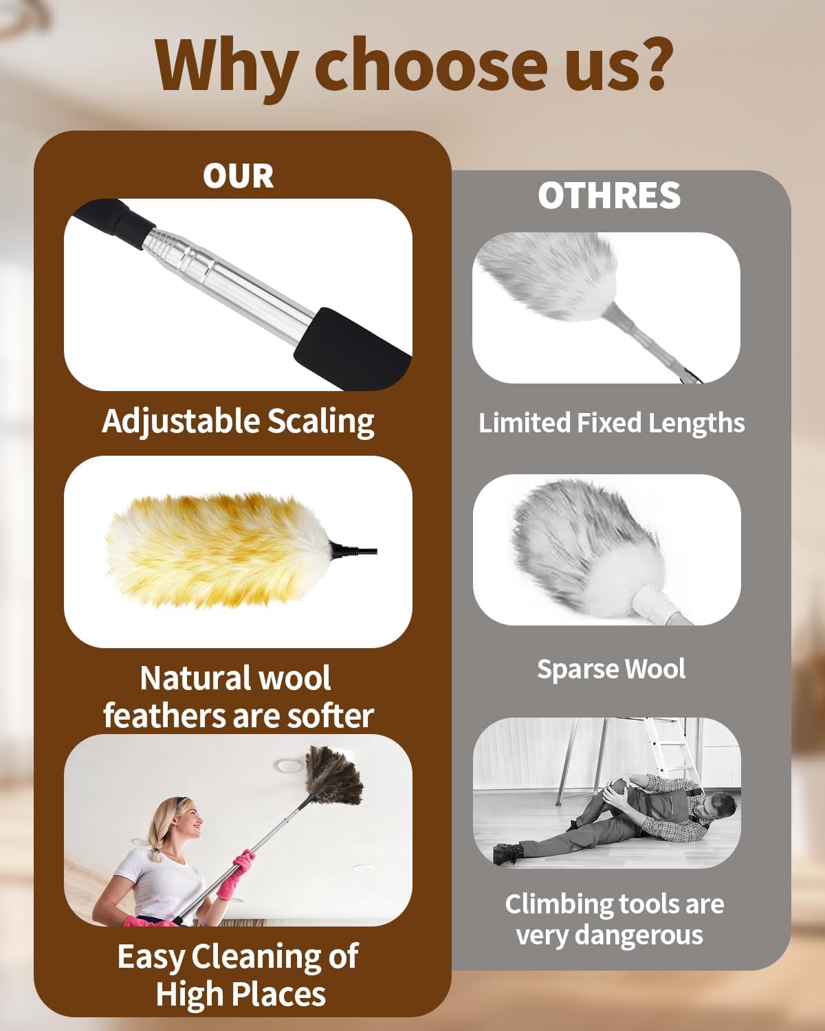 Extendable Ostrich Feather Duster with Bonus Wool Feather Duster Head - Natural Fluffy Non-Slip Handle Feathers Dusters for Cleaning Ceiling Fans, Blinds, Roof Dusting, High Surfaces (18-48 in)