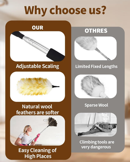 Extendable Ostrich Feather Duster with Bonus Wool Feather Duster Head - Natural Fluffy Non-Slip Handle Feathers Dusters for Cleaning Ceiling Fans, Blinds, Roof Dusting, High Surfaces (18-48 in)
