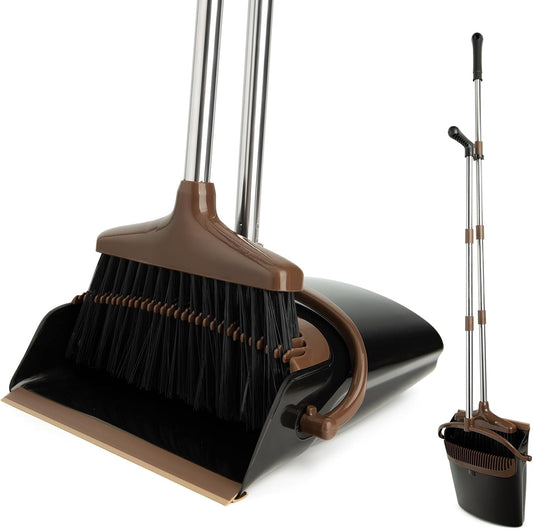 Broom and Dustpan Set with Long Handle, Light Weight Stainless Steel Poles Stand Upright Dustpans with Broom Combo for Home Kitchen Office Pet Dog Hair, 1-Pack (Purple)