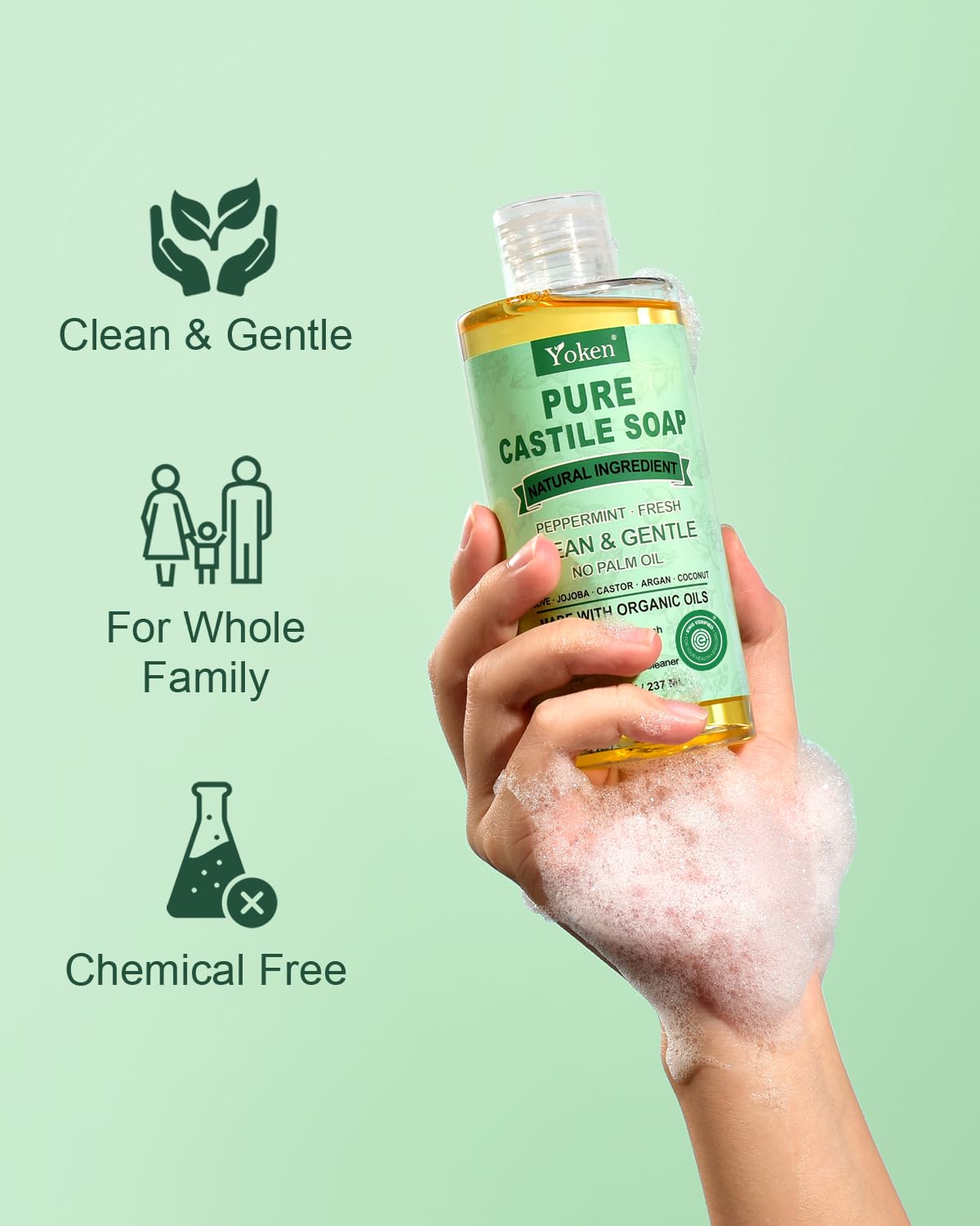 Yoken Castile Soap Liquid EWG Verified(1 Gallon, Unscented) Pure-Castile Liquid Soap for Body, Face, Hand, Pets, Laundry, Dish Soap and More - Made With Organic Oil, Vegan, Clean & Gentle, Versatile