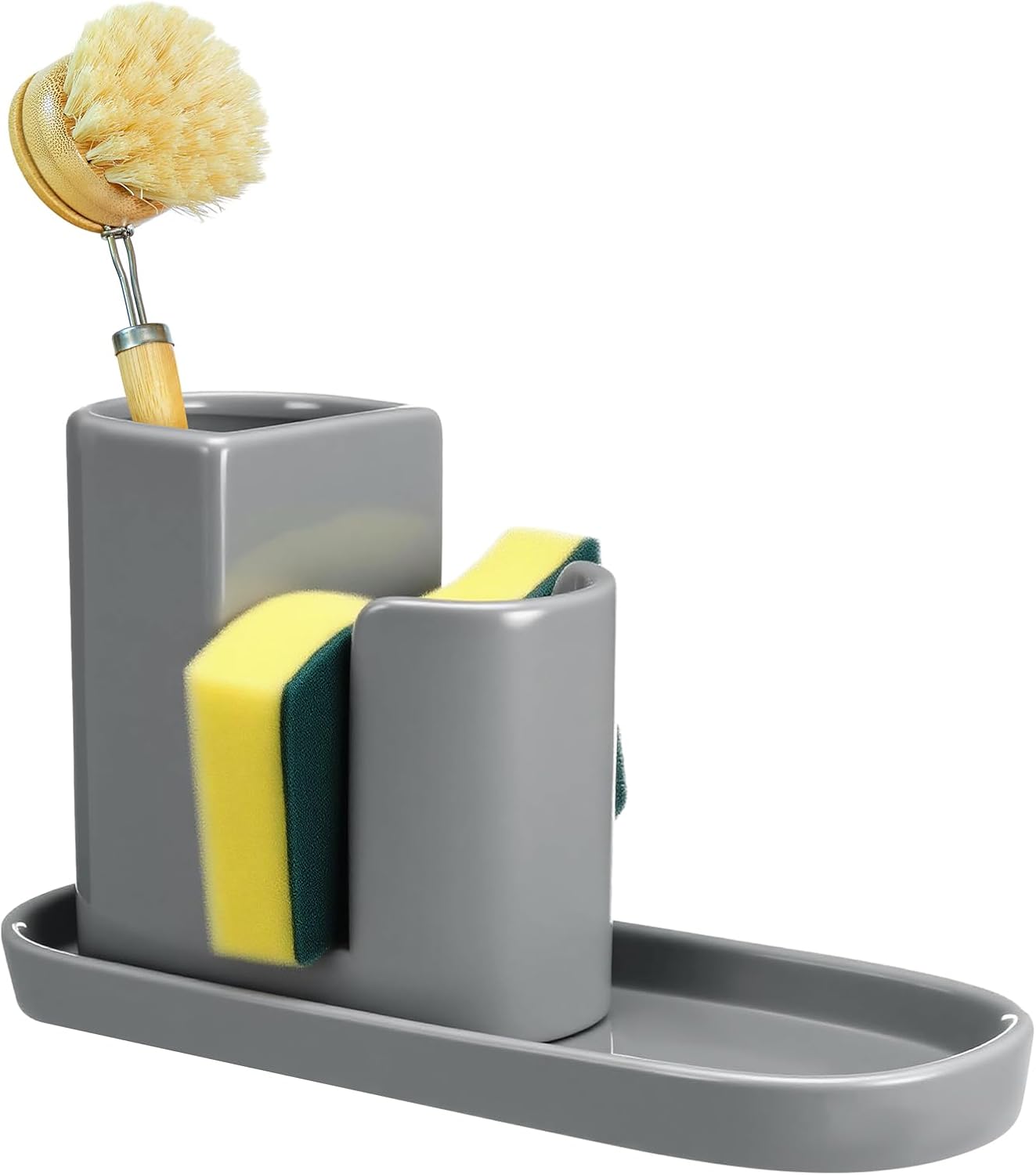 Geelin 3 in 1 Ceramic Kitchen Sink Caddy Dish Sponge Holder Scrub Brush Holder and Soap Tray for Kitchen Organizer White Rustic Farmhouse Supplies(White)