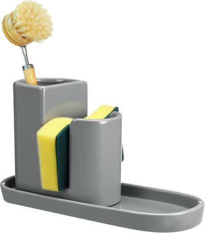 Geelin 3 in 1 Ceramic Kitchen Sink Caddy Dish Sponge Holder Scrub Brush Holder and Soap Tray for Kitchen Organizer White Rustic Farmhouse Supplies(White)