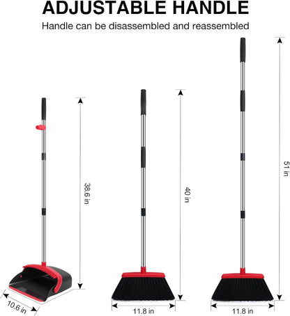 NACENA Broom and Dustpan Set, 52-in Long Adjustable Handle Broom Dustpan Combo with Dustpan Teeth to Automatically Clean Hair Suitable for Home Kitchen Office Hall Floor（Black&Red）