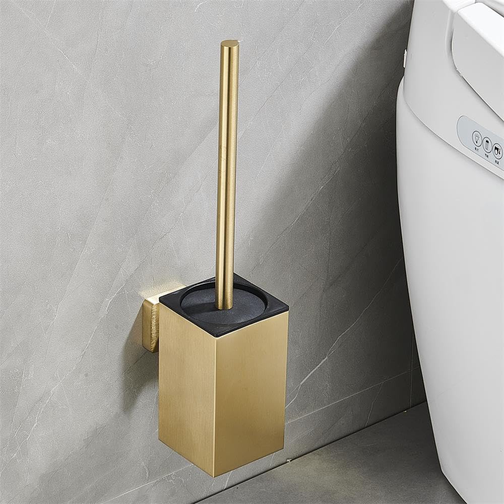 Toilet Brush and Holder Set Freestanding KWQKEM Modern Toilet Bowl Cleaners Brush and Holder with Lid 304 Stainless Steel (Brushed Gold)