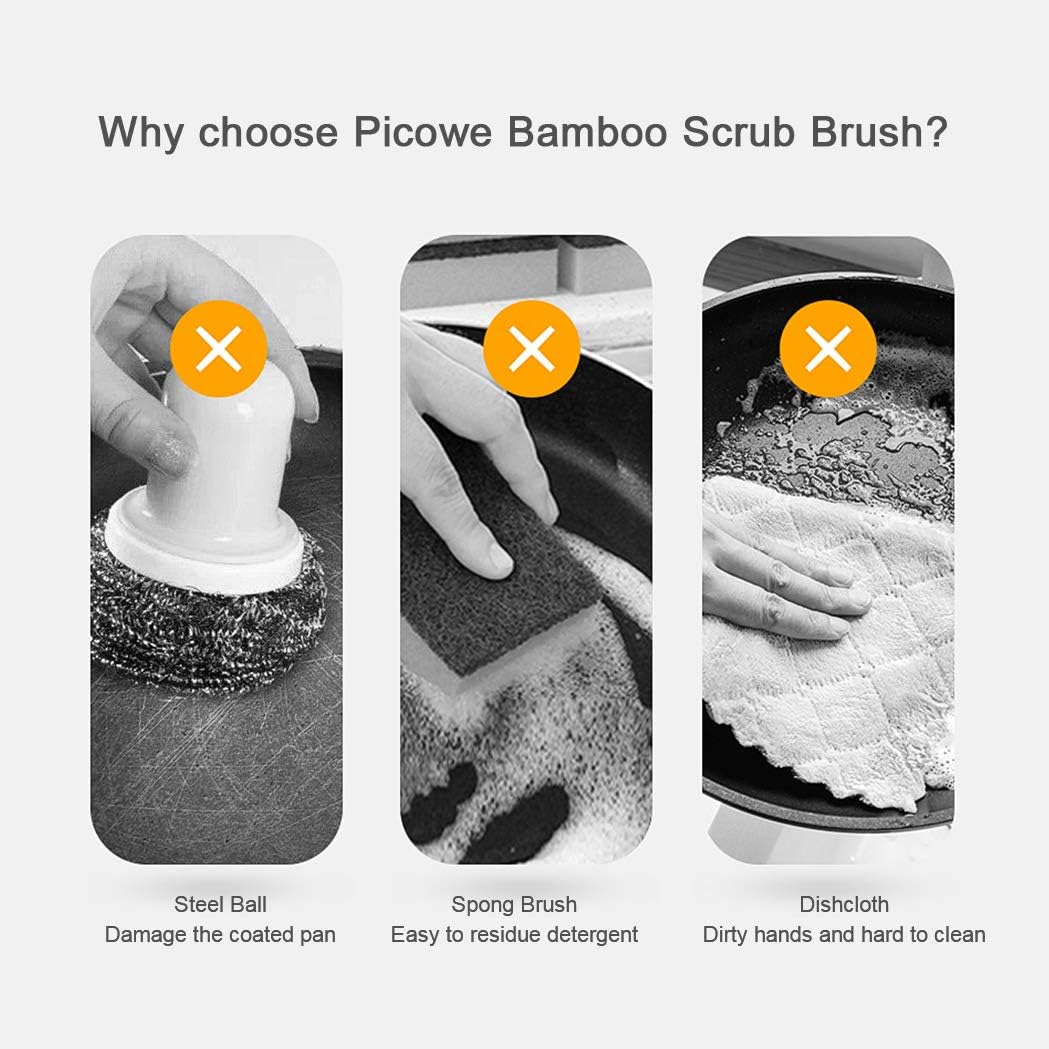 2 Pack Bamboo Dish Scrub Brush, Picowe Natural Scrub Cleaning Brush Vegetable Brush for Dishes Cast Iron Pots Pans, Used in Bathroom Kitchen Sink Household Cleaning