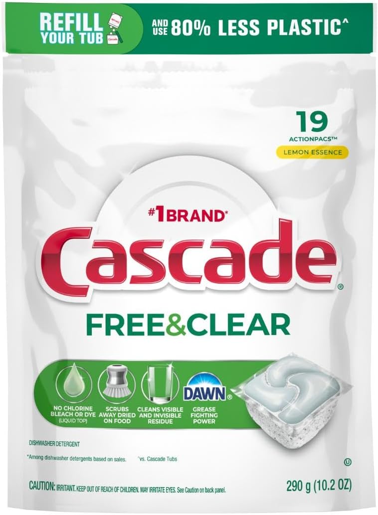 Cascade Free & Clear Dishwasher Pods, Dishwasher Detergent, Dish Detergent Soap, Lemon Essence, 47 Count