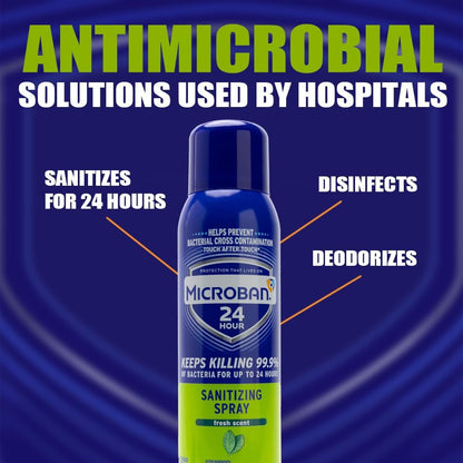 MICROBAN Sanitizing Spray, 15 oz., 2 Pack, Fresh Scent, Disinfects, Sanitizes, Eliminates Odors, and Keeps Killing 99.9% of Bacteria on Hard, Non-Porous Surfaces in Home for up to 24 Hours