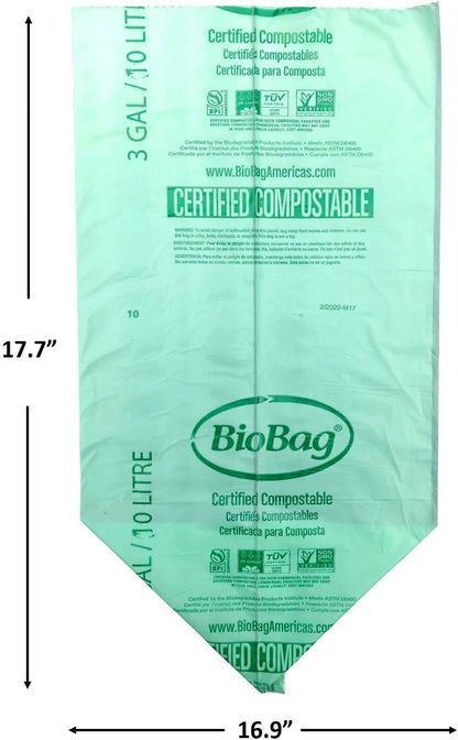 3 Gallon Compostable Food Scrap Bags by BioBag, 100 Count, BPI Certified, Meets ASTM D6400 Standards, Made in USA, Kitchen Trash Bin Liners
