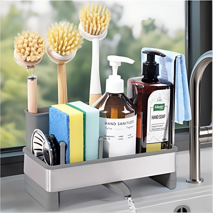 Kitchen Sink Caddy Organizer, Stainless Steel Sponge Holder, Kitchen Caddy Sink Organizer with Dish Brush Holder and Dishcloth Rack, Rustproof Dish Sponge Drying Rack for Countertop Storage