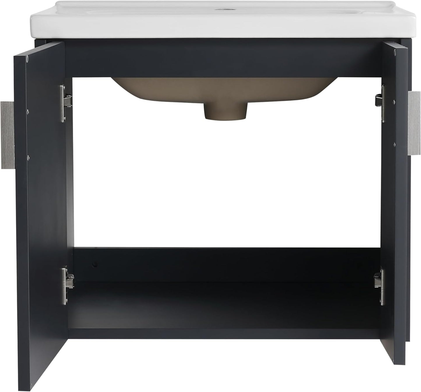 SSLine Modern 24-Inch Bathroom Vanity with Sink Wall Mounted Bathroom Vanity with Top Basin & Storage Cabinet White Wood Floating Vanity w/Ceramic Sink & Gold/Black Handles for Small Space