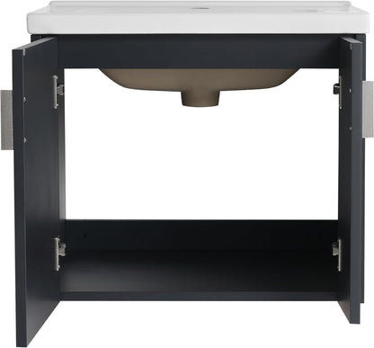 SSLine Modern 24-Inch Bathroom Vanity with Sink Wall Mounted Bathroom Vanity with Top Basin & Storage Cabinet White Wood Floating Vanity w/Ceramic Sink & Gold/Black Handles for Small Space