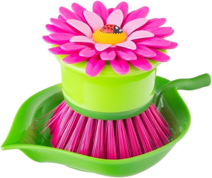 Vigar Flower Palm Dish Scrub Brush with Holder, Perfect Kitchen Brushes for Dishes, Sink Brush and Cleaning Brushes for Household Use, Pink, Green