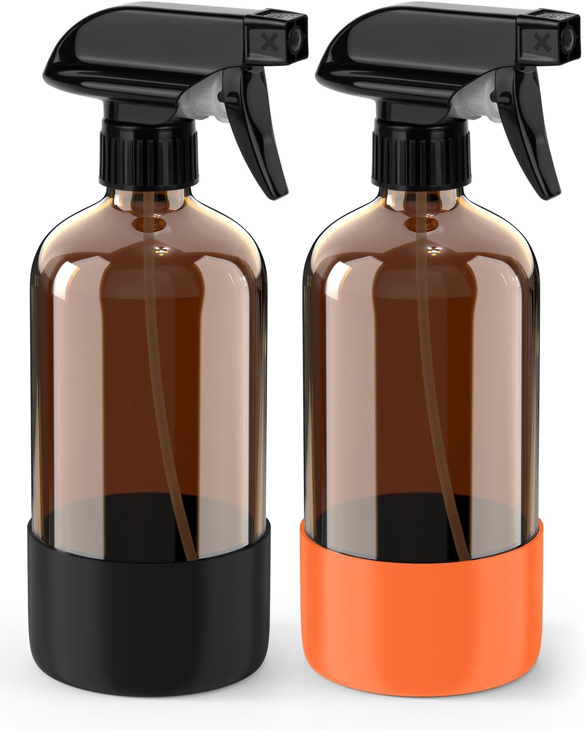 Bontip Glass Spray Bottle with Silicone Sleeve Protection, Amber Glass Spray Bottle Set for Window Cleaner Aromatherapy Facial Hydration Watering Flowers Hair Care 2 Pack/16 oz (Black & Brown)