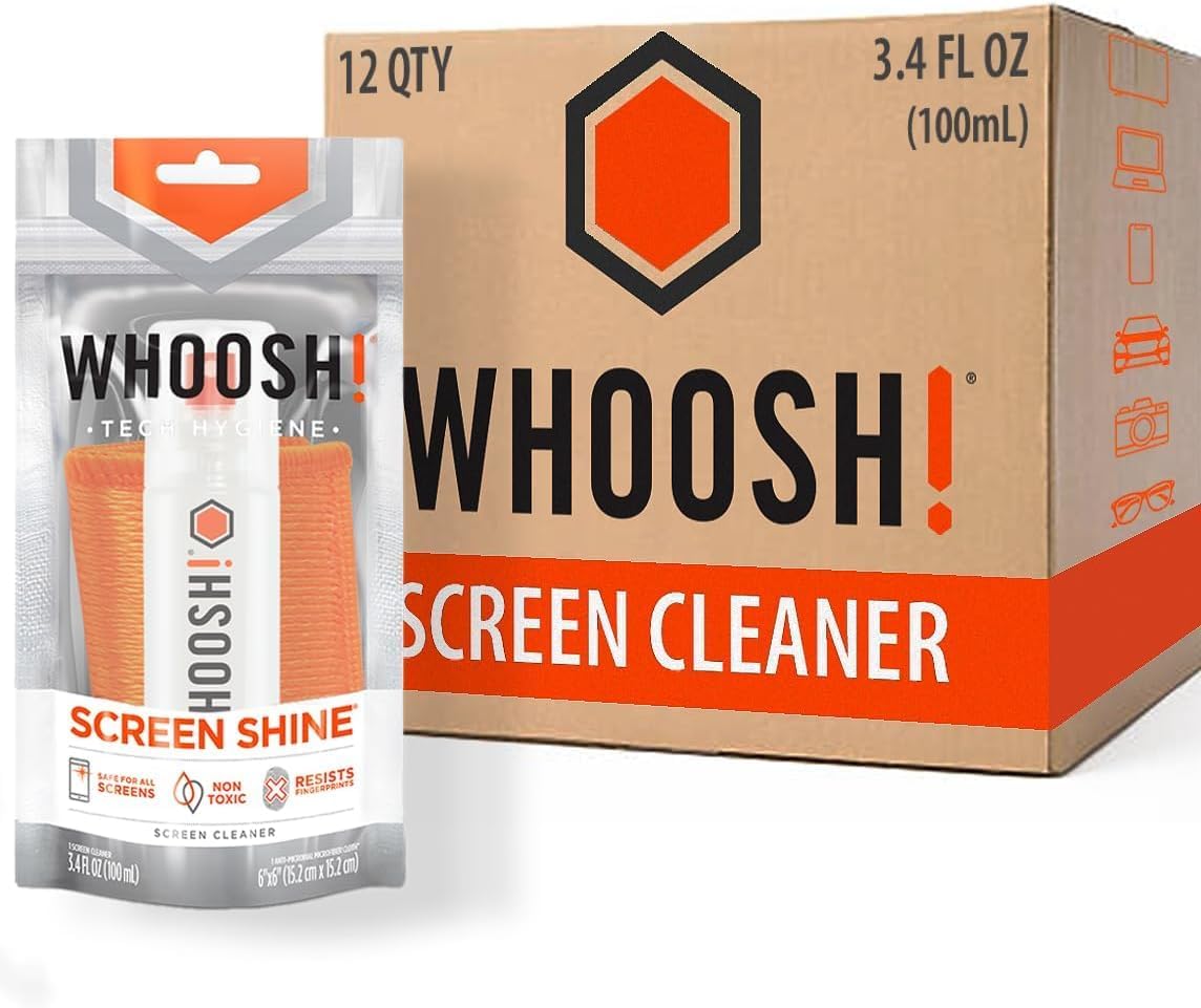 WHOOSH! Screen Shine Go XL - 3.4 fl oz with Microfiber Cloth - Powerful Streak-Free Screen Cleaner Spray and Wipe for MacBook, Laptop, Car, Eyeglasses & Phone - Sleek Bottle for Home, Work or Travel