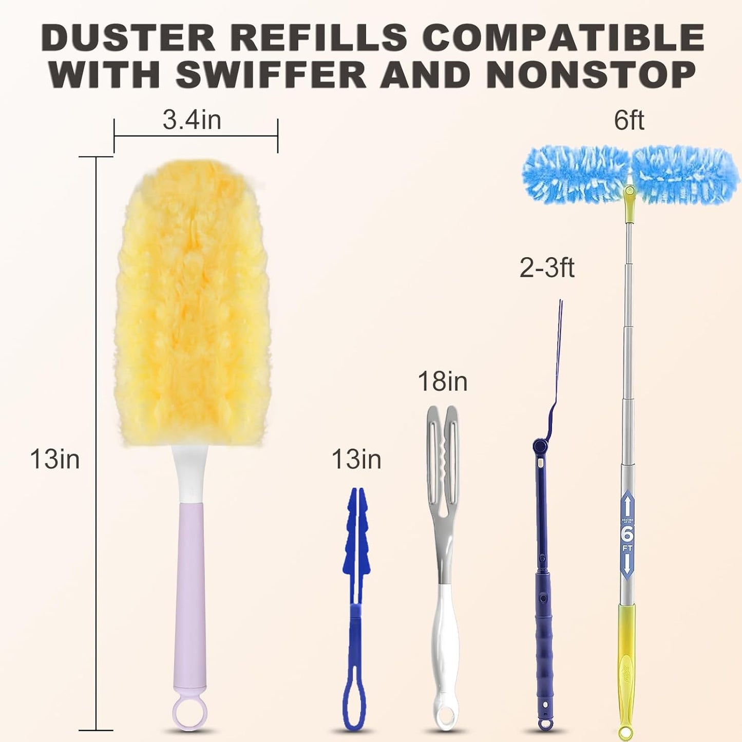 6 ft Long Handle Extendable Duster with 50 Refills for Swiffer Duster, Heavy Duty 360° Microfiber Dusting Kit for High Ceilings, Ceiling Fans, Tall Windows, and Hard-to-Reach Areas