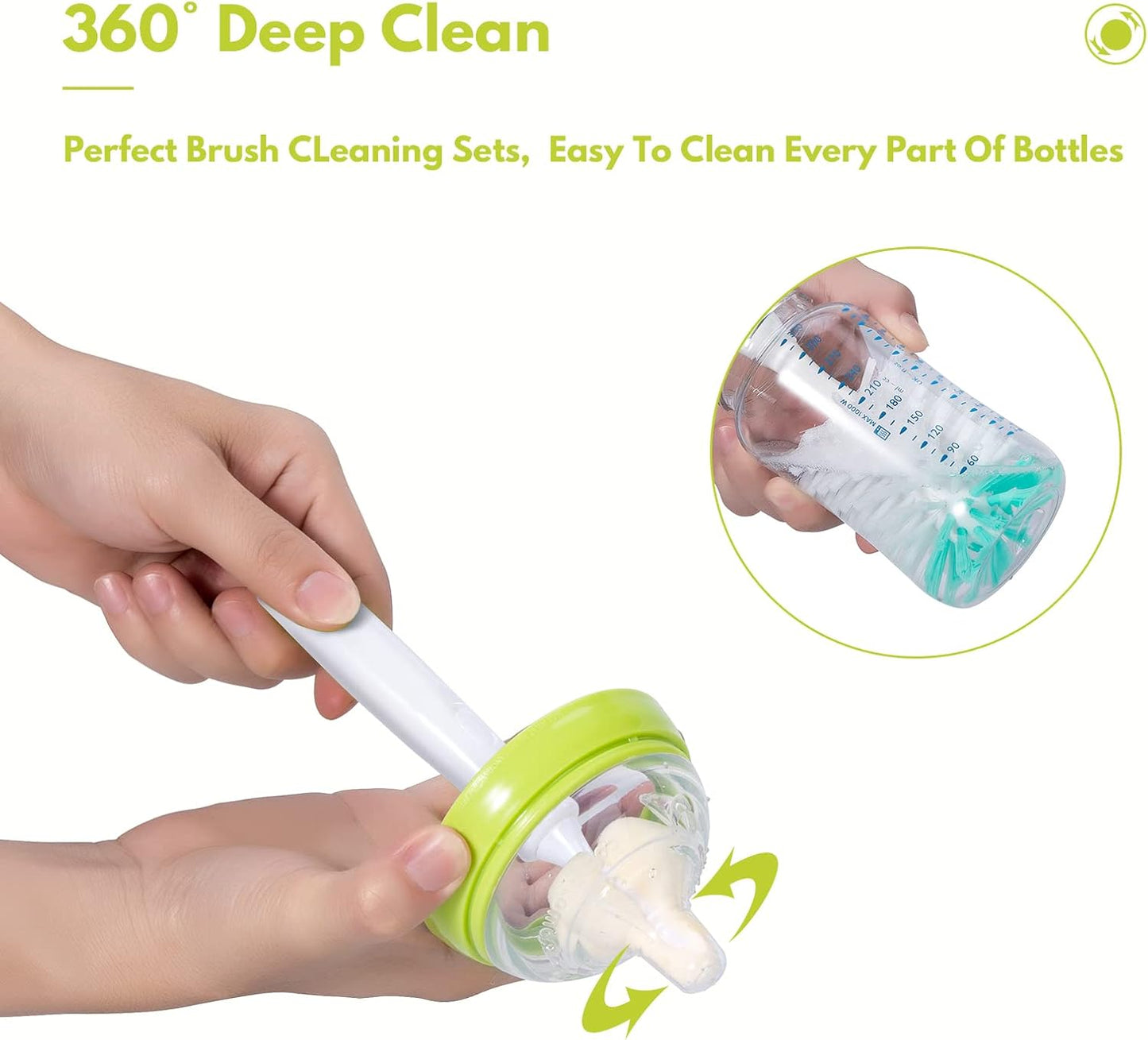 CAREBABYMORE Baby Bottle Brush Set with Nipple Cleaner and Suction, 10.2" Cleaning Brush and 6.5" Sponge Bottle Brush with A Replacement Brush Head and Two 6.7" Straw Brushes, Pack of 5 (Green)