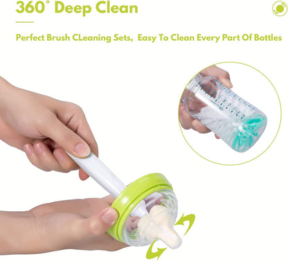 CAREBABYMORE Baby Bottle Brush Set with Nipple Cleaner and Suction, 10.2" Cleaning Brush and 6.5" Sponge Bottle Brush with A Replacement Brush Head and Two 6.7" Straw Brushes, Pack of 5 (Green)