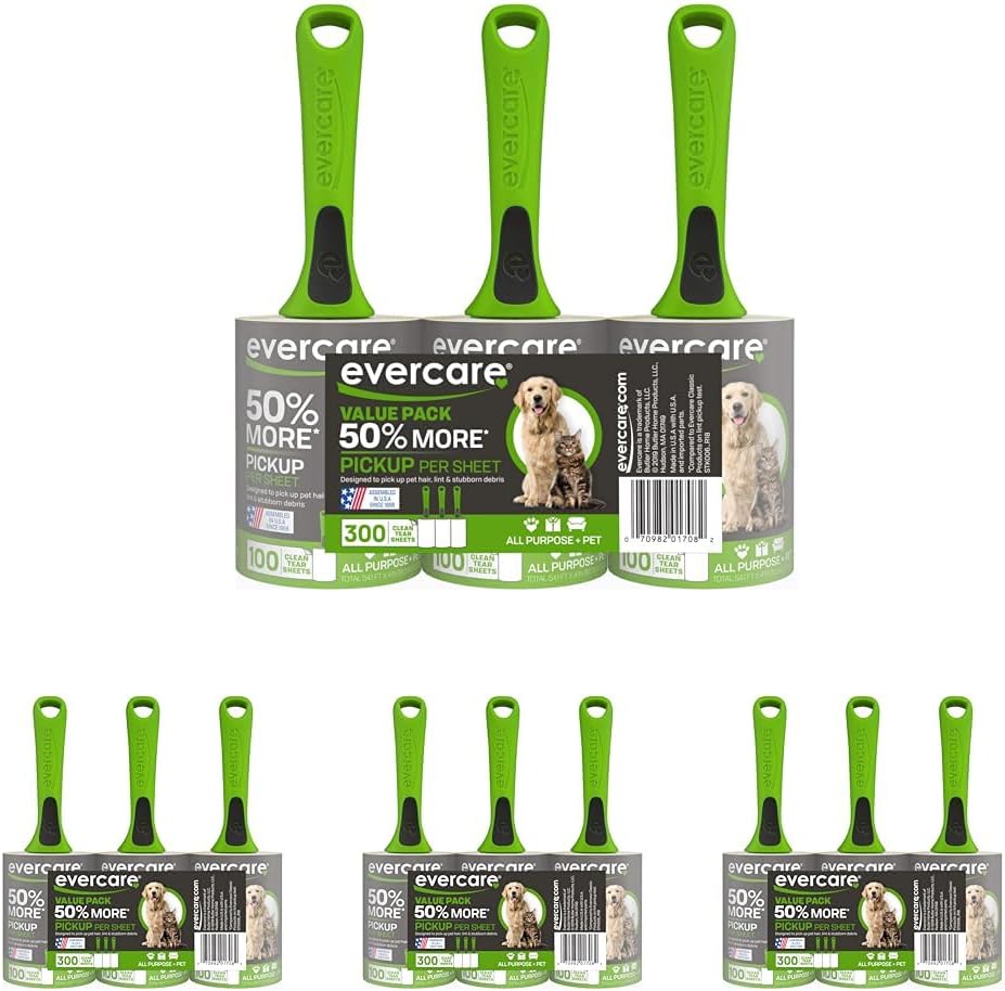 Evercare All Purpose Pet Hair Lint Roller, 100 Sheets – Reusable Sticky Roller for Pet Hair, Cat & Dog Hair Remover, Lint Remover, Pet Hair Remover for Furniture, Clothing & Cars
