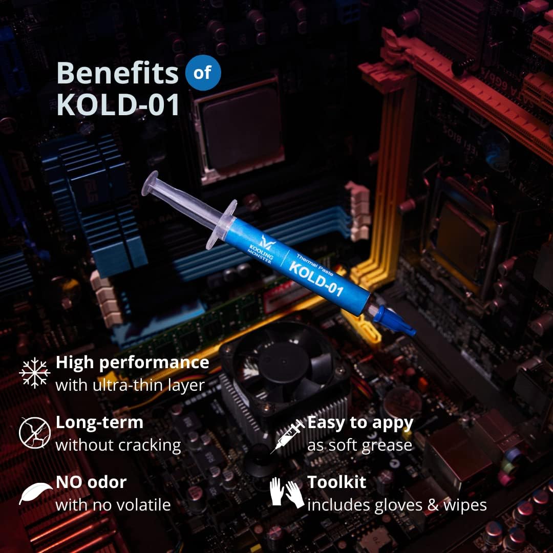 KOLD-01, High Performance Silicone Thermal Paste for Cooling All CPU/Heatsinks, Silicone Paste Designed for Easy Spreading, Inc. Gloves & Cleaning Wipes, No Odor (0.7ml/1.8g)
