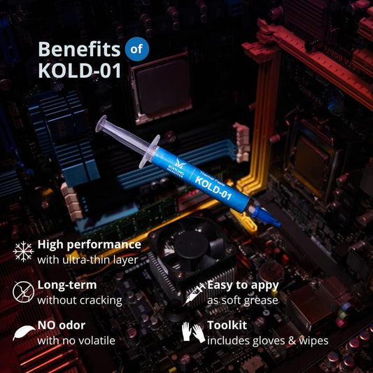 KOLD-01, High Performance Silicone Thermal Paste for Cooling All CPU/Heatsinks, Silicone Paste Designed for Easy Spreading, Inc. Gloves & Cleaning Wipes, No Odor (0.7ml/1.8g)
