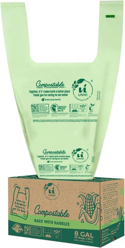 UNNI 13 Gallon Compostable Trash Bags with Tie Handles, 30 Count Small Food Scrap Kitchen Compost Bags for Countertop Bin, Certified by BPI, CMA & OK compost HOME, Meets ASTM D6400